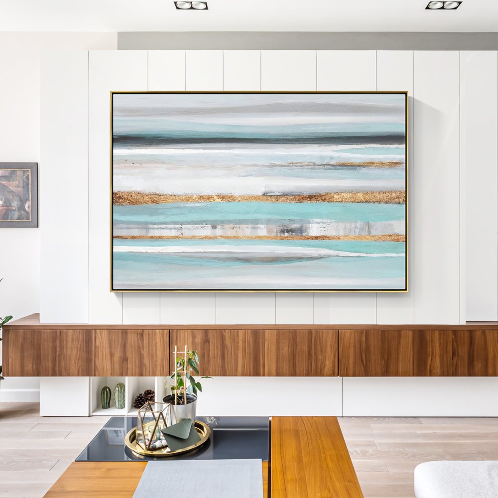 Serene Coastal Waves: Abstract Blue and Gold Oil Painting for Elegant Home Decor