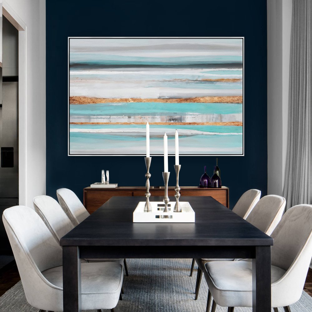 Serene Coastal Waves: Abstract Blue and Gold Oil Painting for Elegant Home Decor