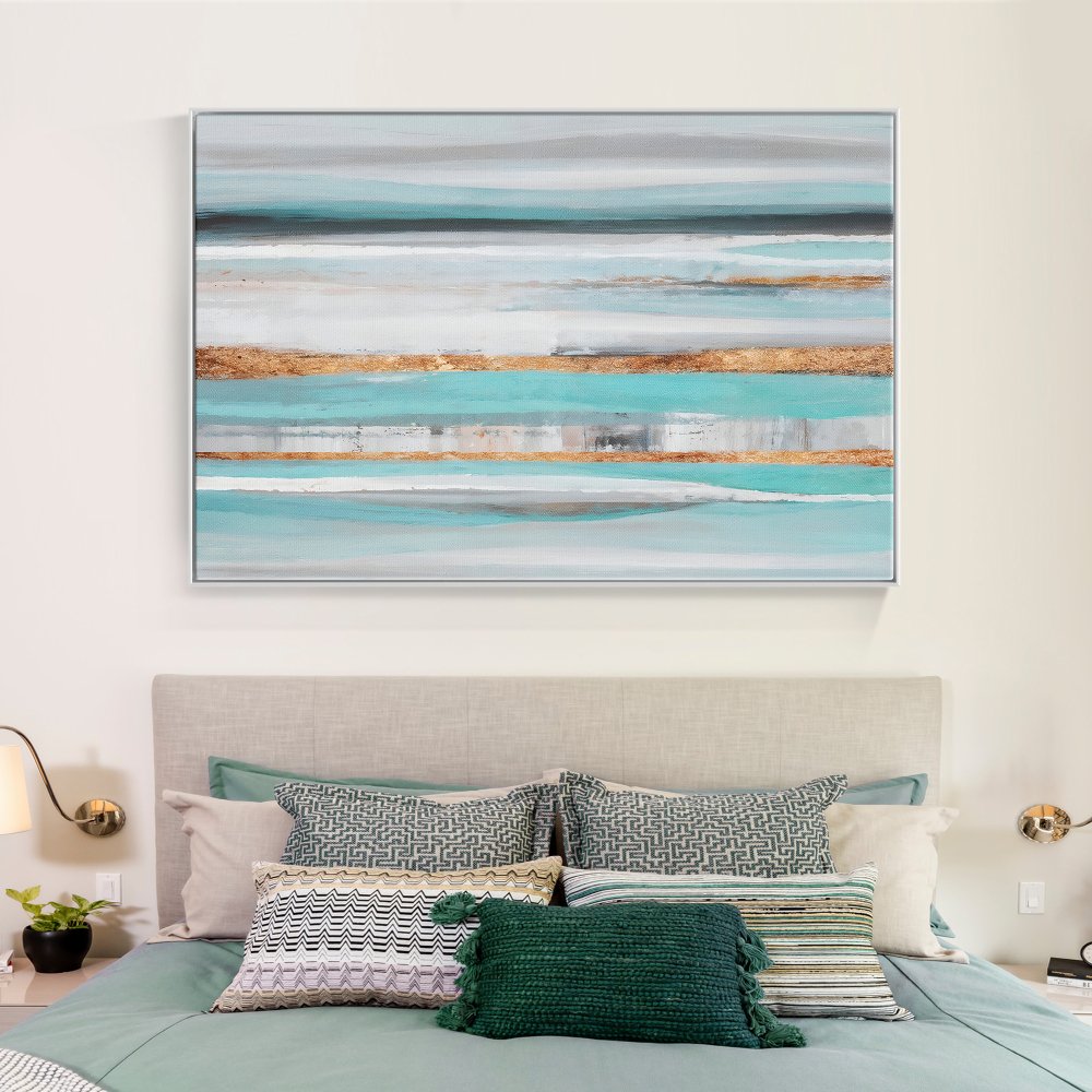 Serene Coastal Waves: Abstract Blue and Gold Oil Painting for Elegant Home Decor