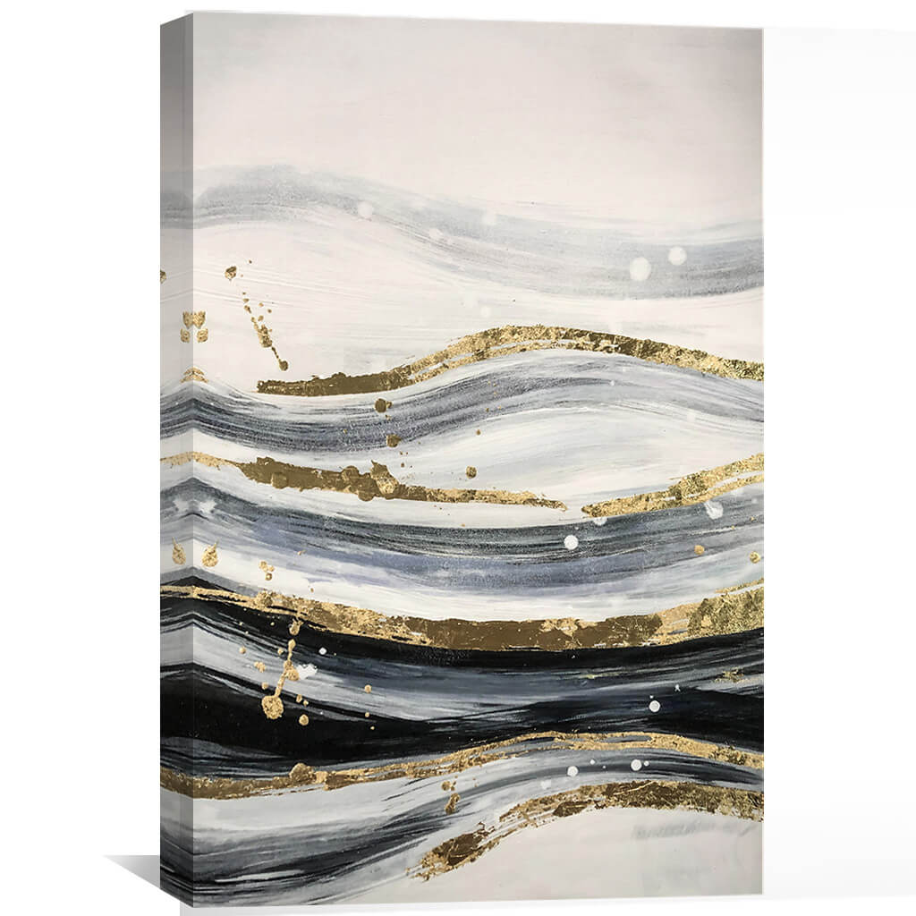 Elegant Waves of Gold and Black Abstract Oil Painting for Modern Home Decor