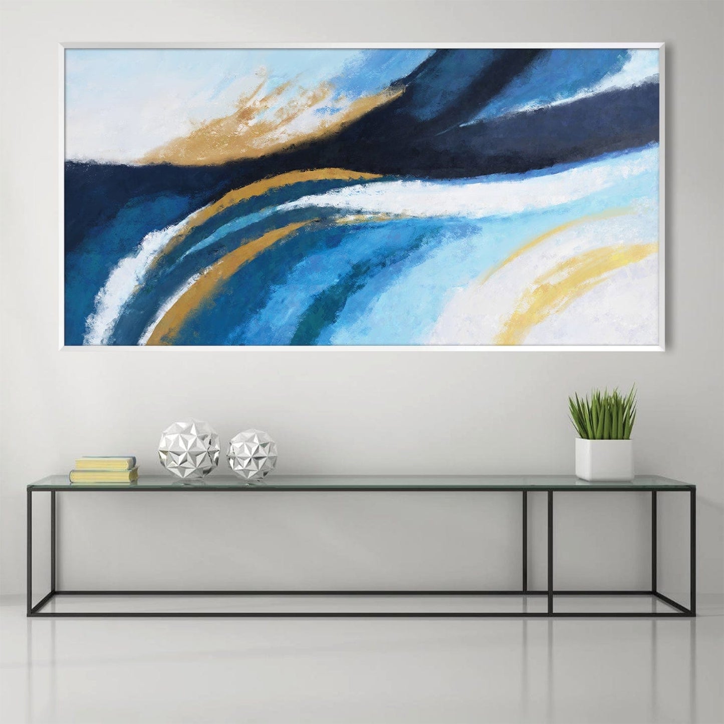 Abstract Blue and Gold Waves Oil Painting for Modern Home Decor