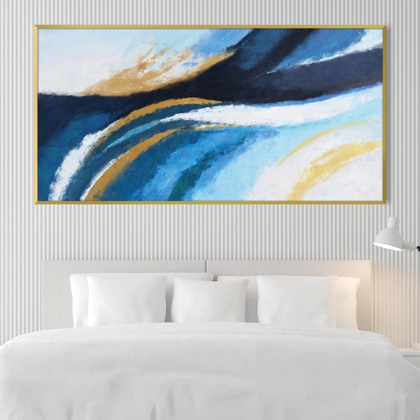 Abstract Blue and Gold Waves Oil Painting for Modern Home Decor