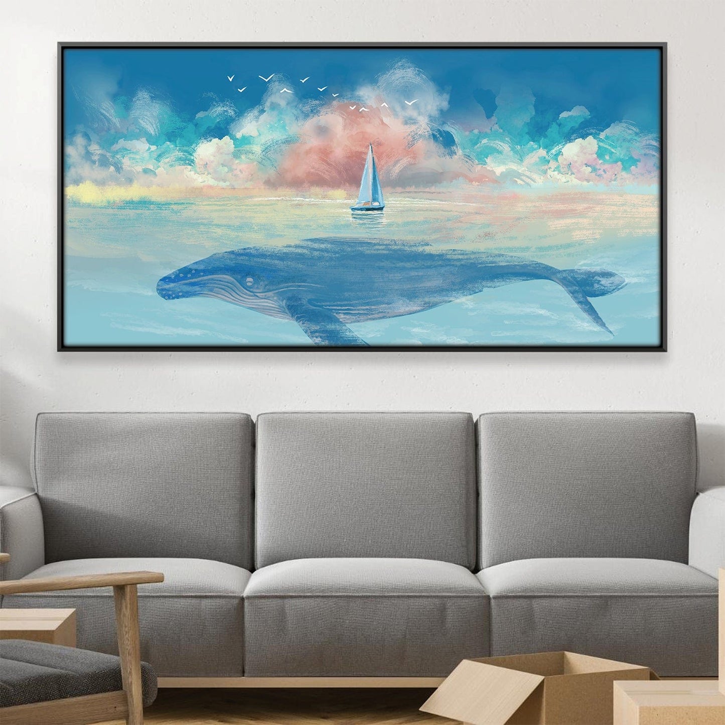 Majestic Whale Art Print with Sailing Boat and Serene Blue Ocean Landscape