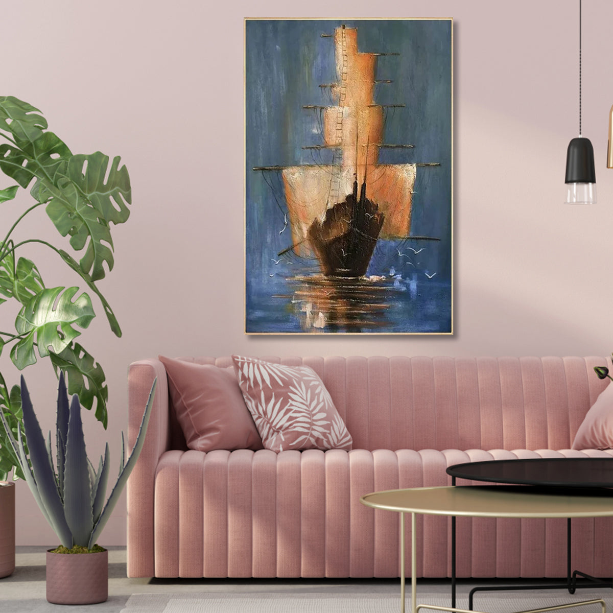 Serene Seascape: Captivating Oil Painting of an Elegant Ship in Tranquil Waters
