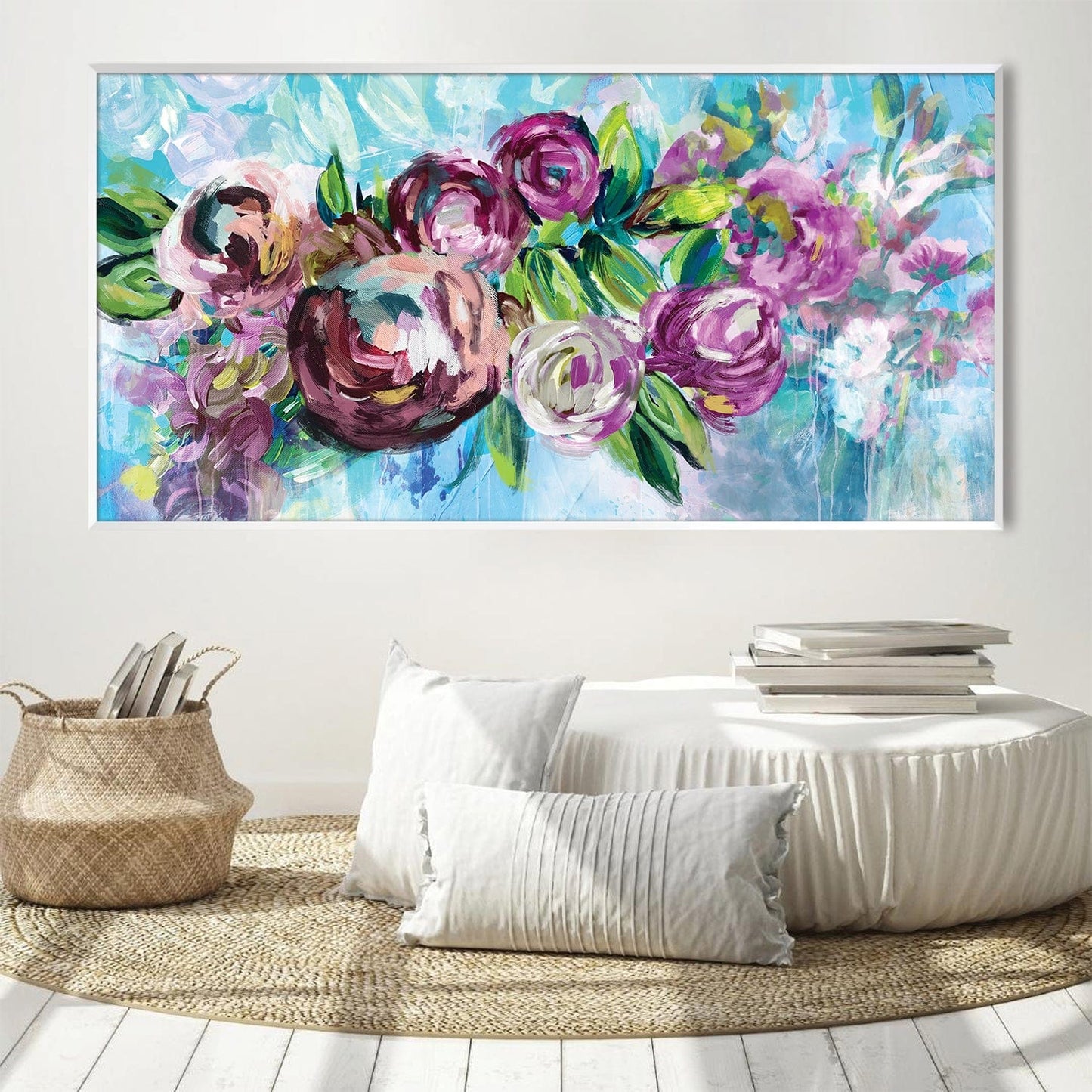 Vibrant Floral Harmony: Colorful Oil Painting of Roses and Petals