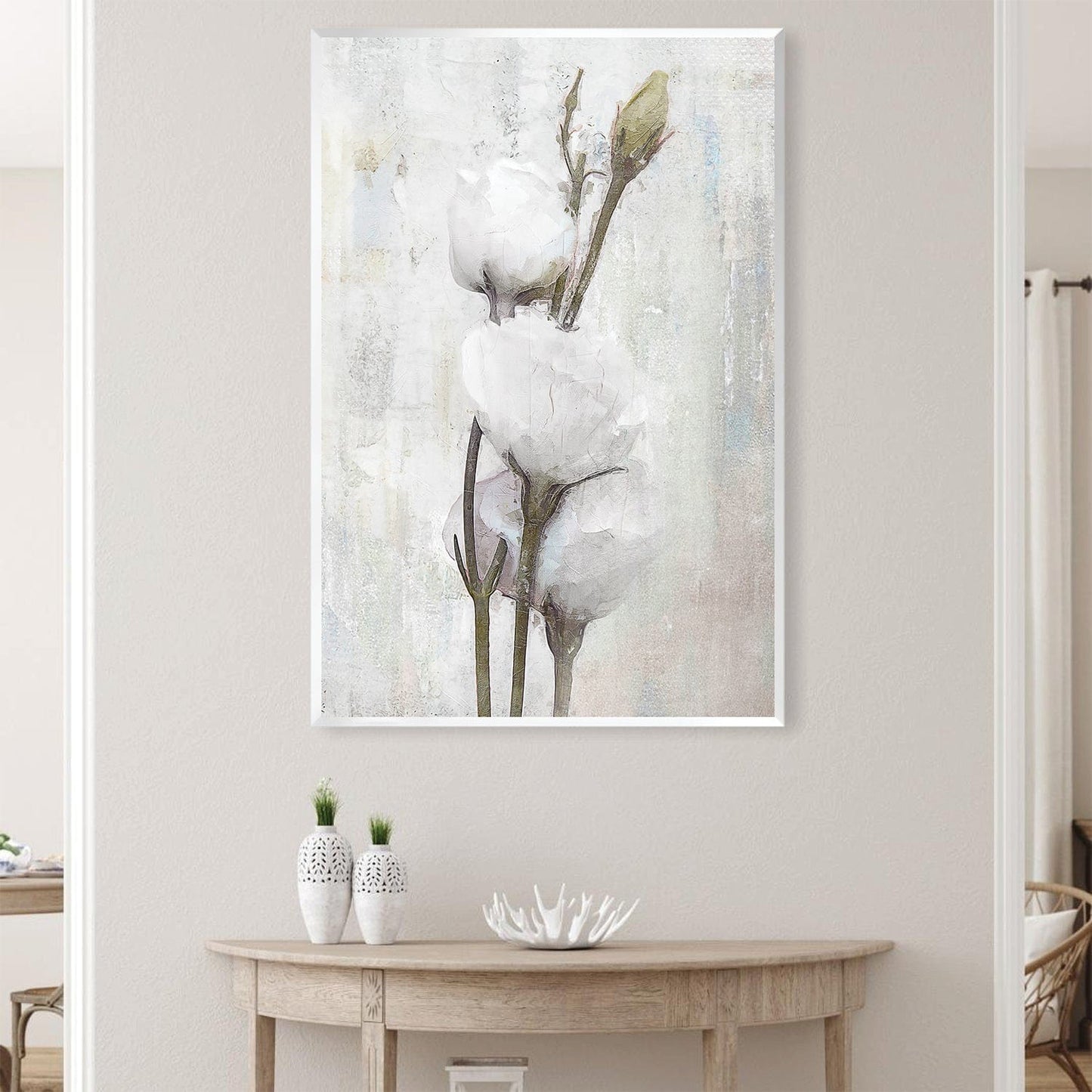 Elegant Spring Floral Oil Painting - White Blooming Cotton Stems on Canvas