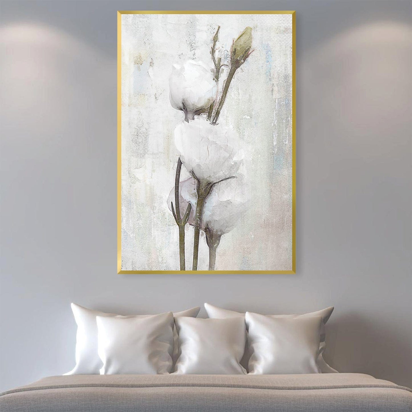 Elegant Spring Floral Oil Painting - White Blooming Cotton Stems on Canvas