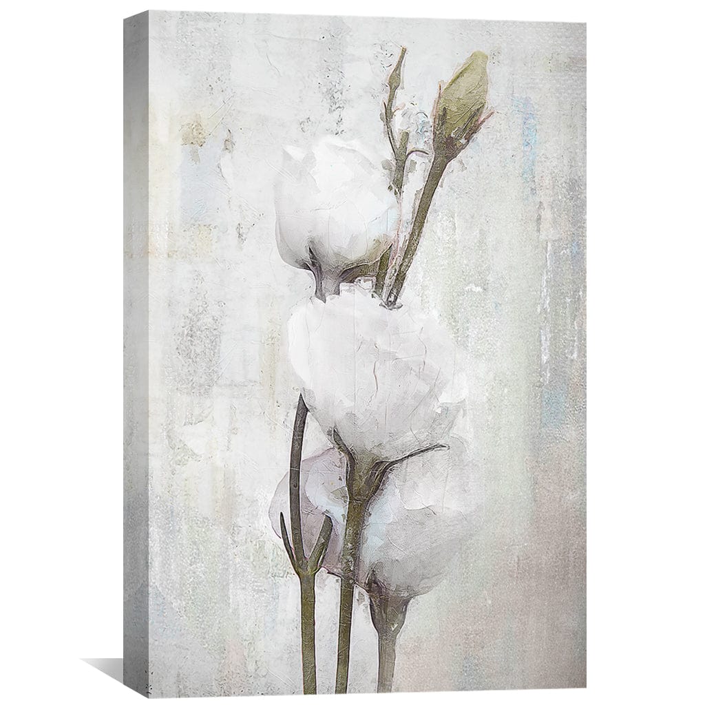 Elegant Spring Floral Oil Painting - White Blooming Cotton Stems on Canvas