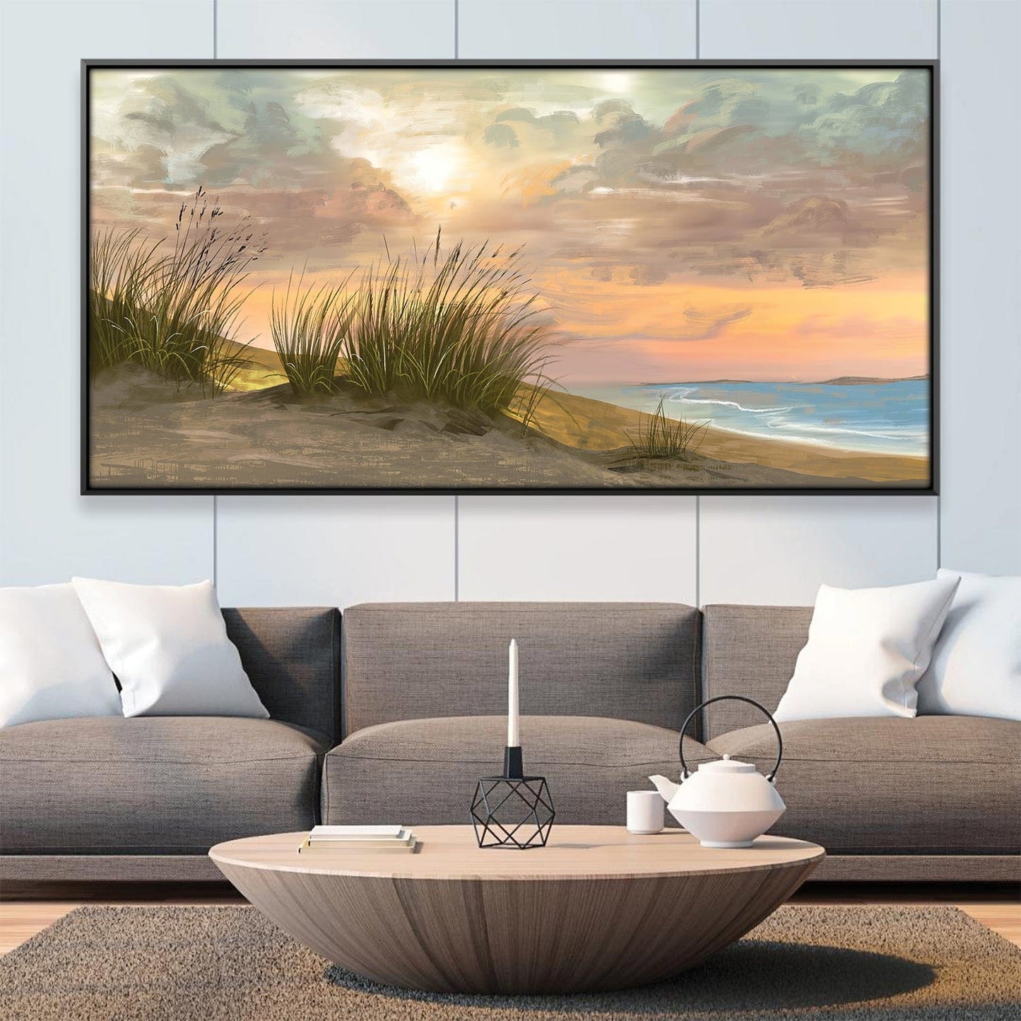 Serene Beachscape Oil Painting with Sunset and Coastal Grass