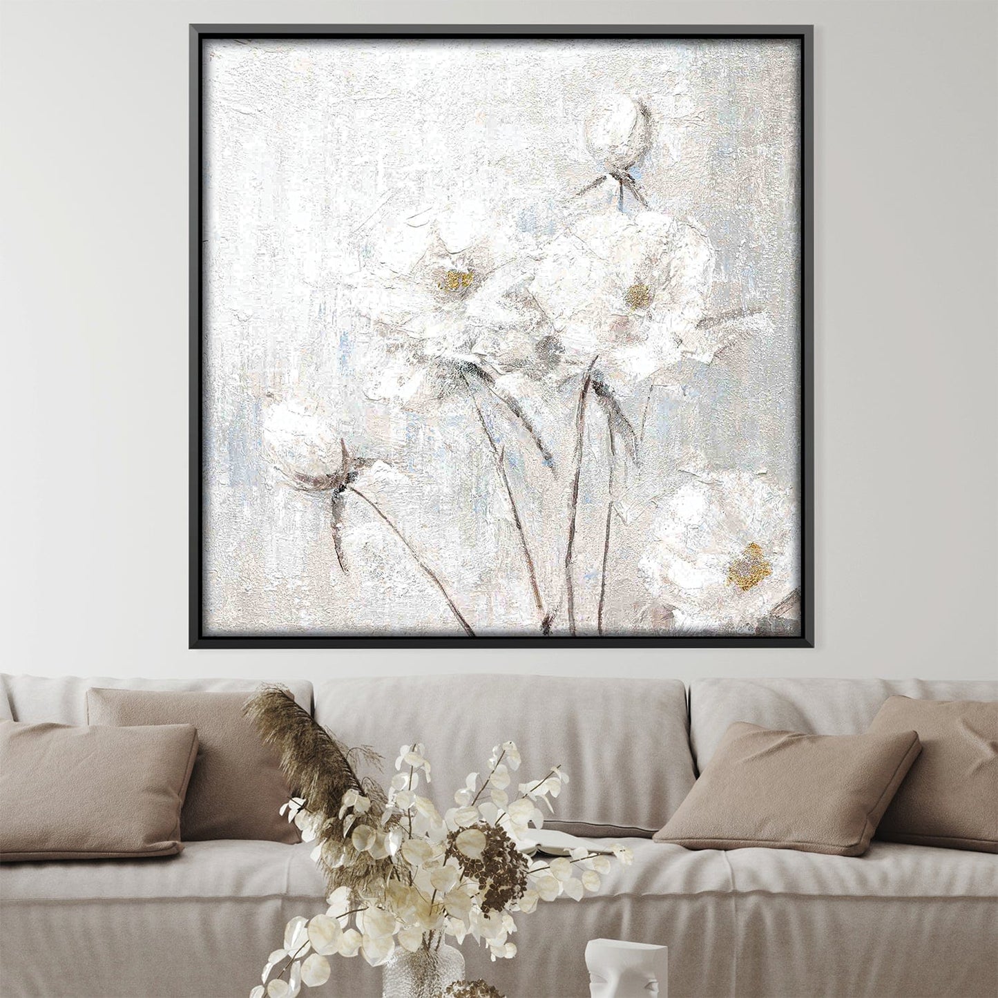 Elegant White Floral Oil Painting for Tranquil Home Decor