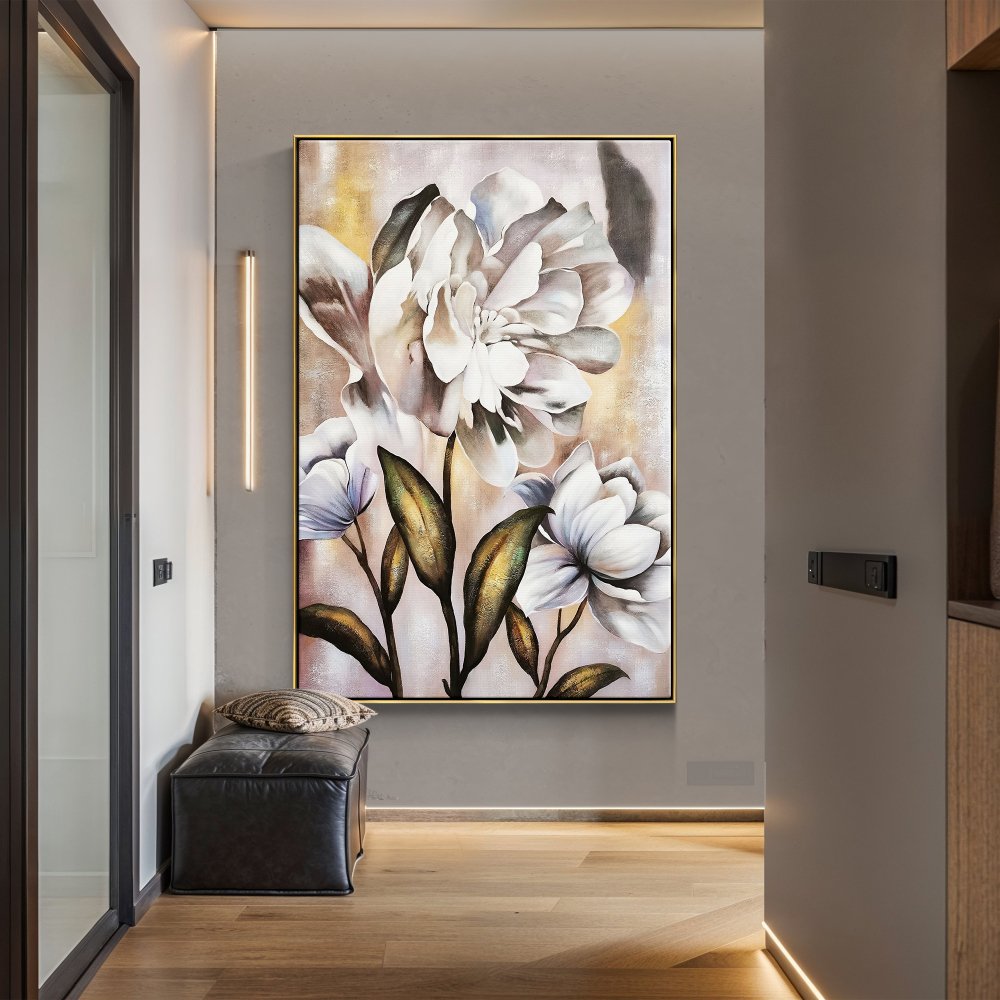 Elegant White Dandelion Floral Oil Painting for Modern Home Decor