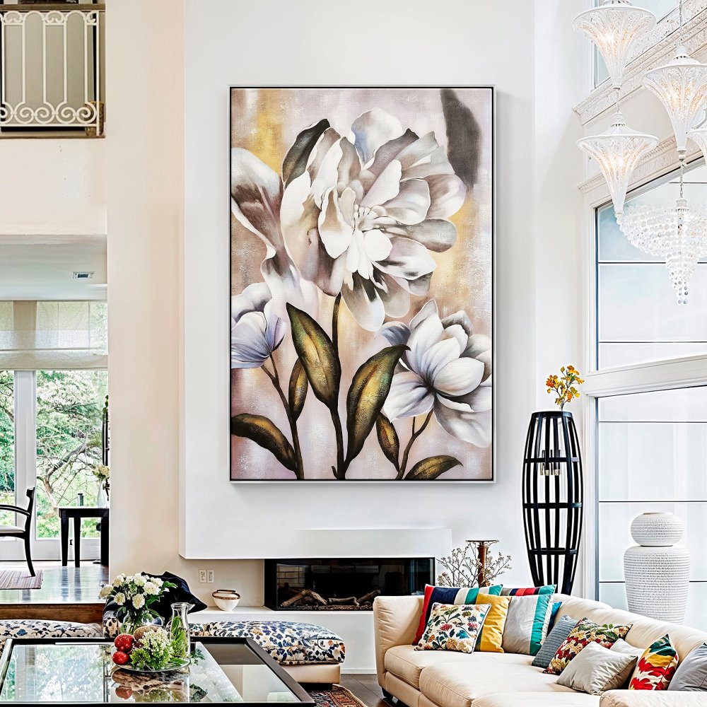 Elegant White Dandelion Floral Oil Painting for Modern Home Decor