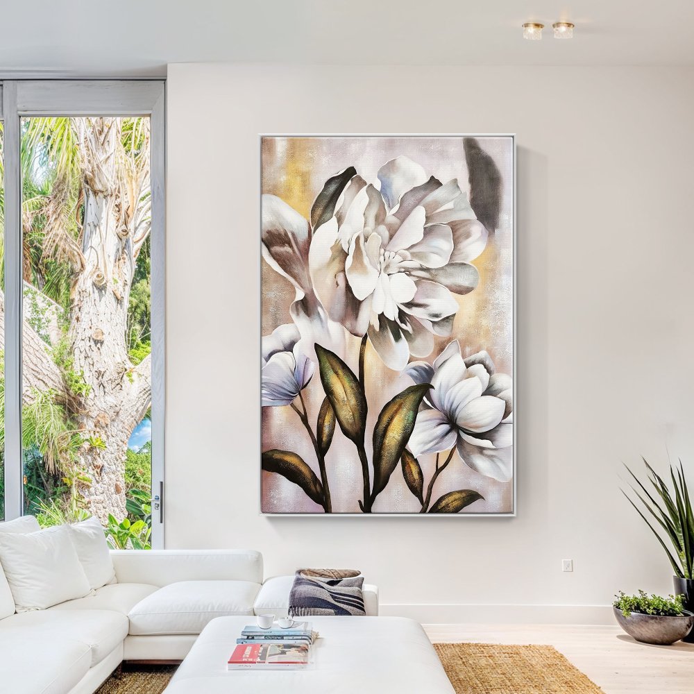 Elegant White Dandelion Floral Oil Painting for Modern Home Decor