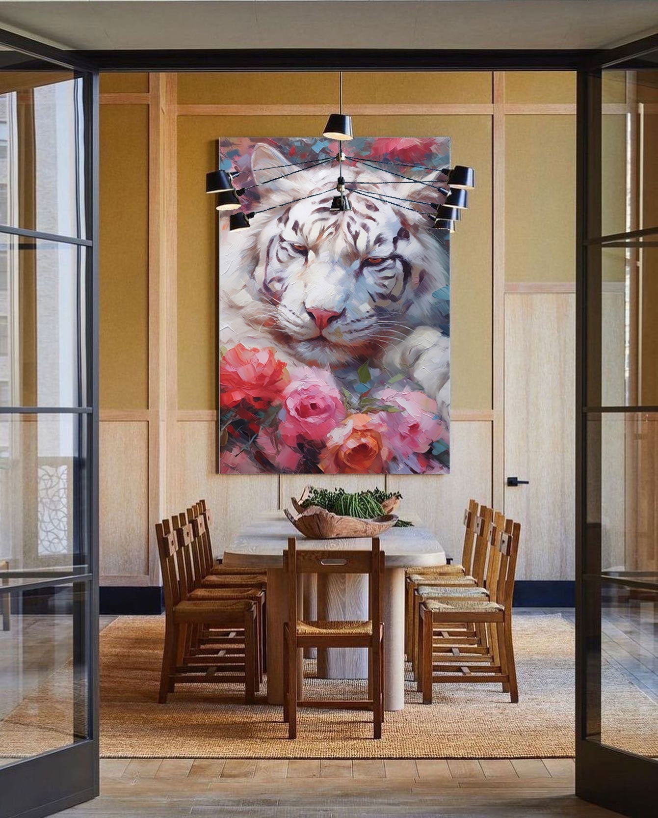Majestic White Tiger with Floral Accents - Stunning Oil Painting Art