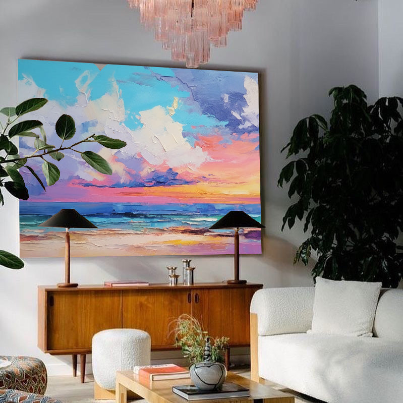 Vibrant Coastal Sunset Oil Painting for Home Decor