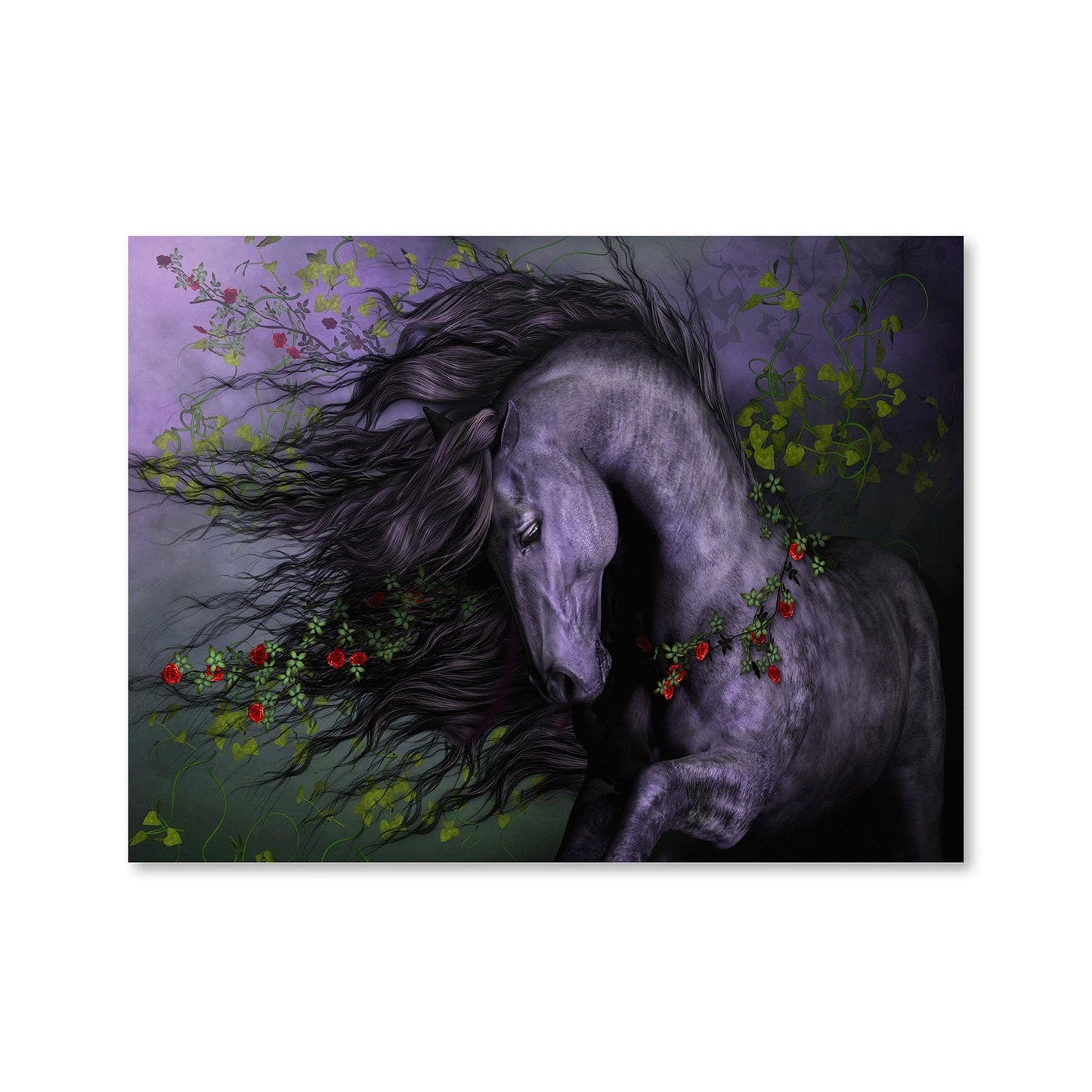 Majestic Black Horse with Wild Roses - Stunning Floral Oil Painting for Home Decor