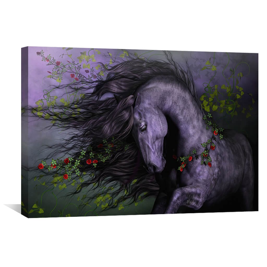 Majestic Black Horse with Wild Roses - Stunning Floral Oil Painting for Home Decor