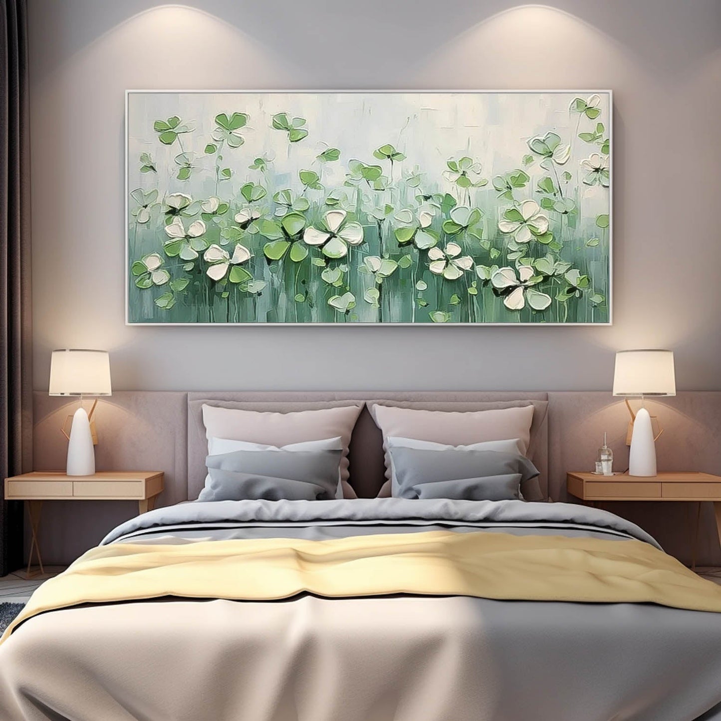 Delicate Green Flower Field Oil Painting for Home Decor