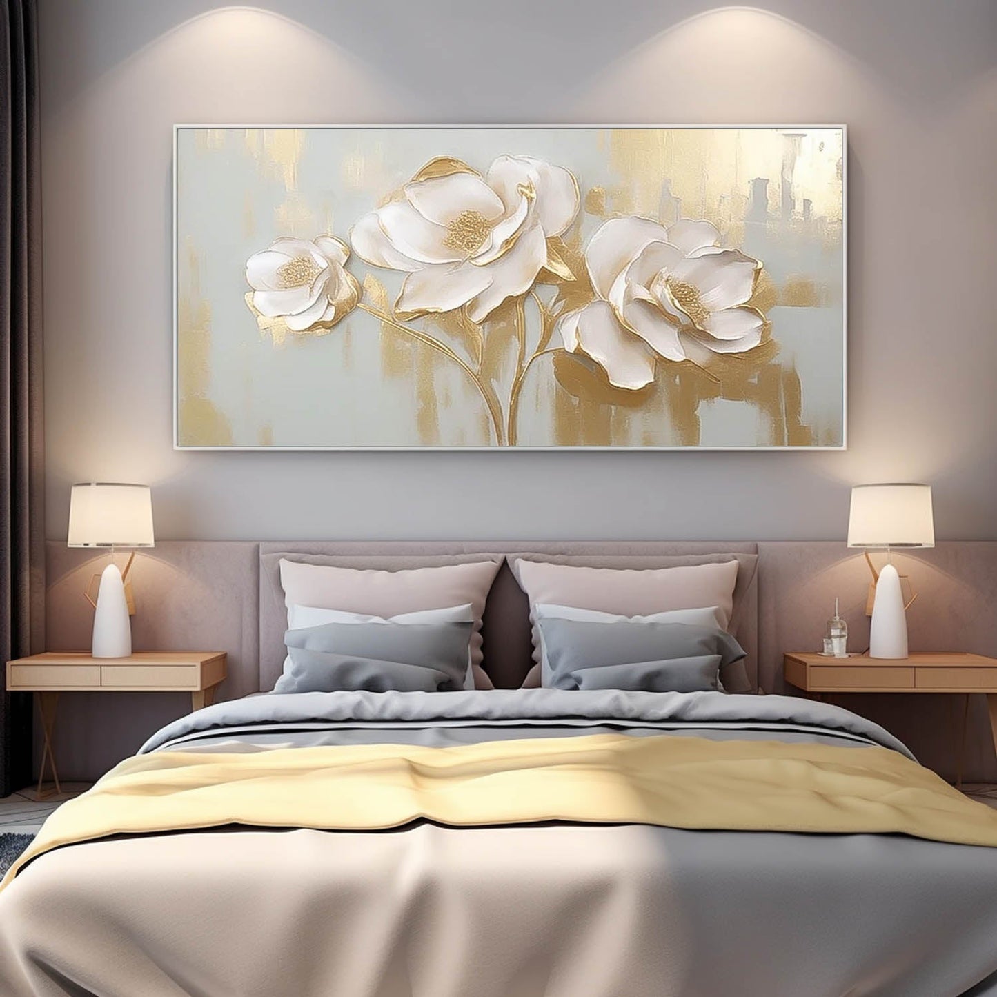 Elegant White Floral Oil Painting on Canvas with Gold Accents for Home Decor
