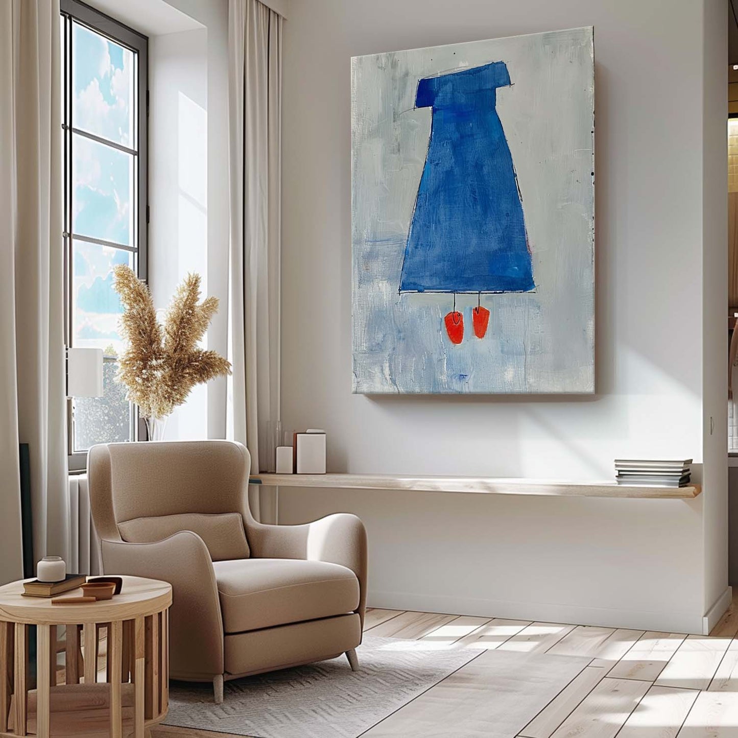 Chic Minimalist Blue Dress Oil Painting for Modern Home Decor