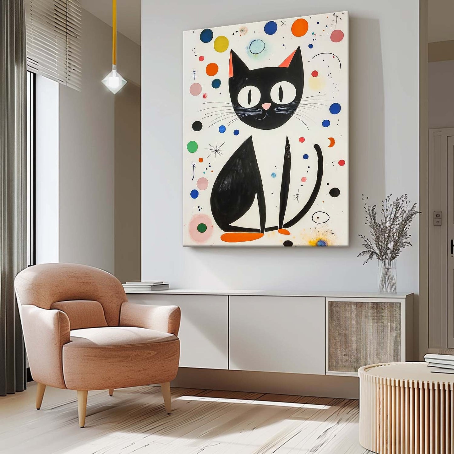 Charming Black Cat Oil Painting with Colorful Abstract Background