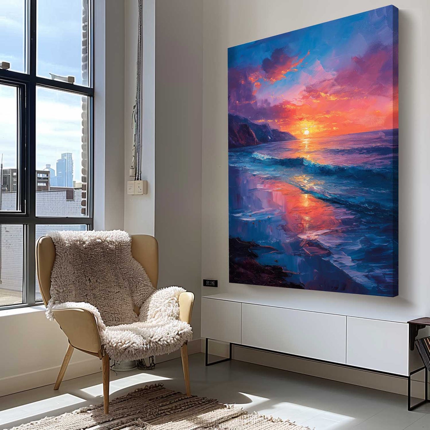 Vibrant Sunset Over Ocean Waves - Coastal Oil Painting for Beach Lovers