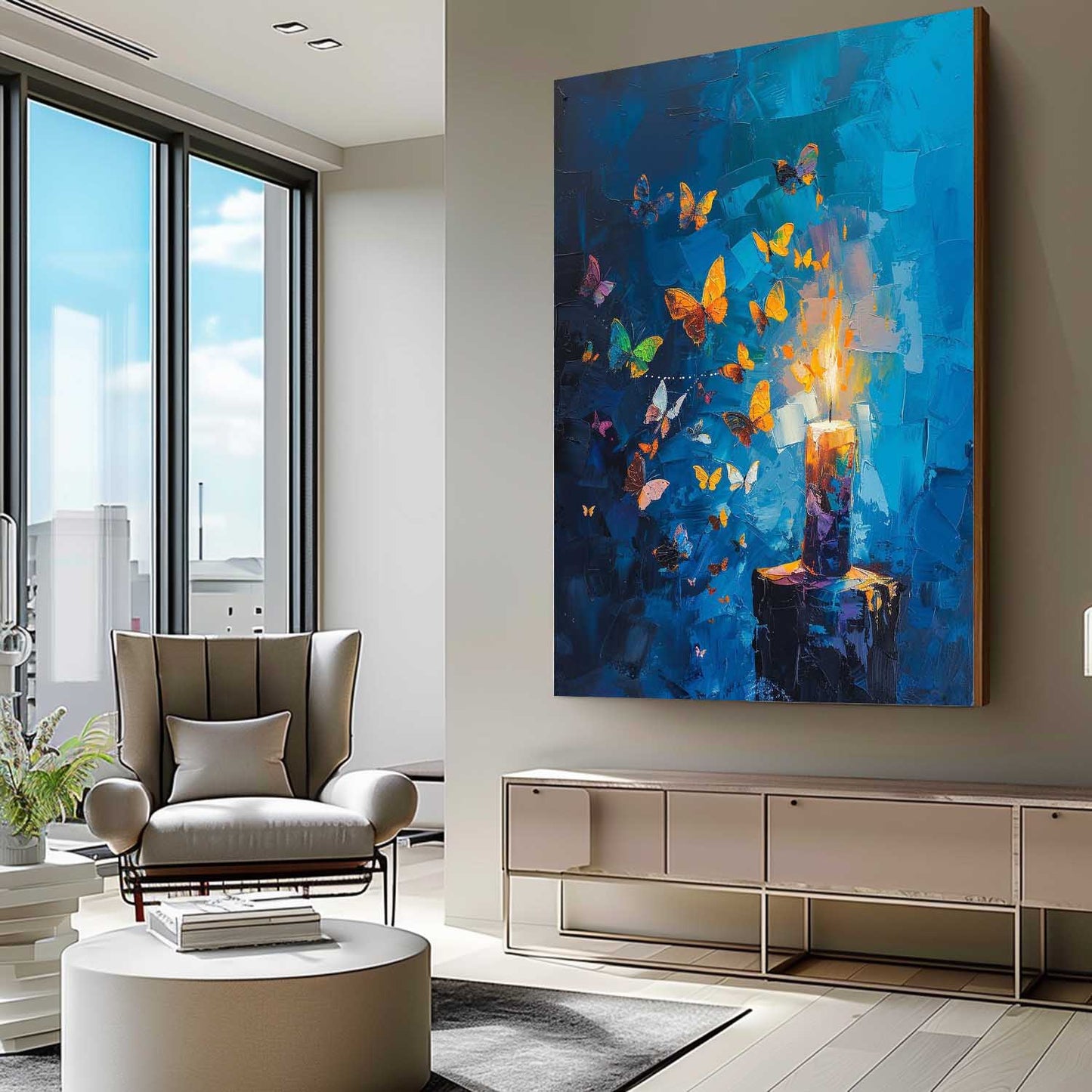 Colorful Butterflies and Candlelight Abstract Oil Painting