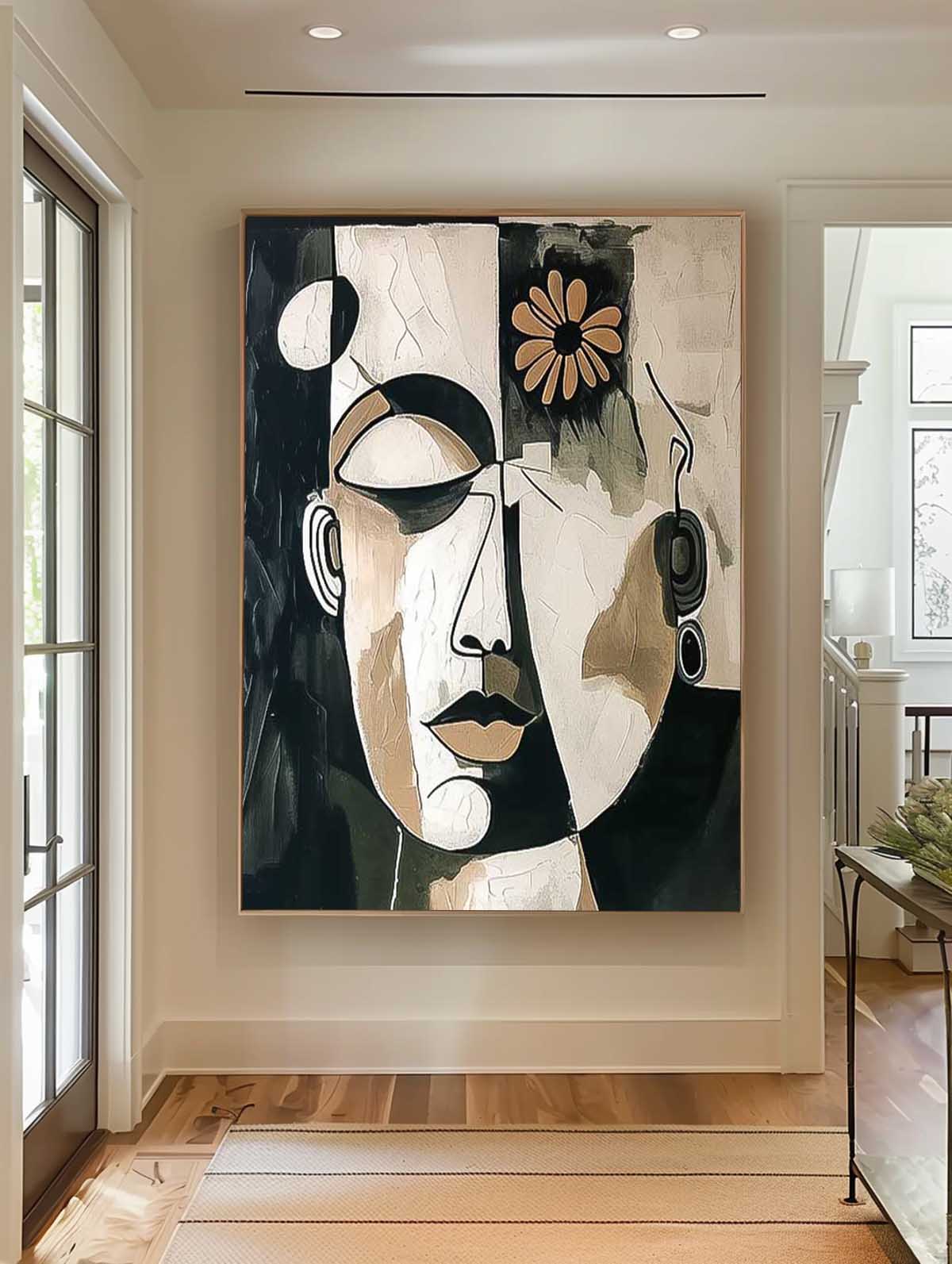 Abstract Faces Oil Painting with Flower Accent for Modern Home Decor