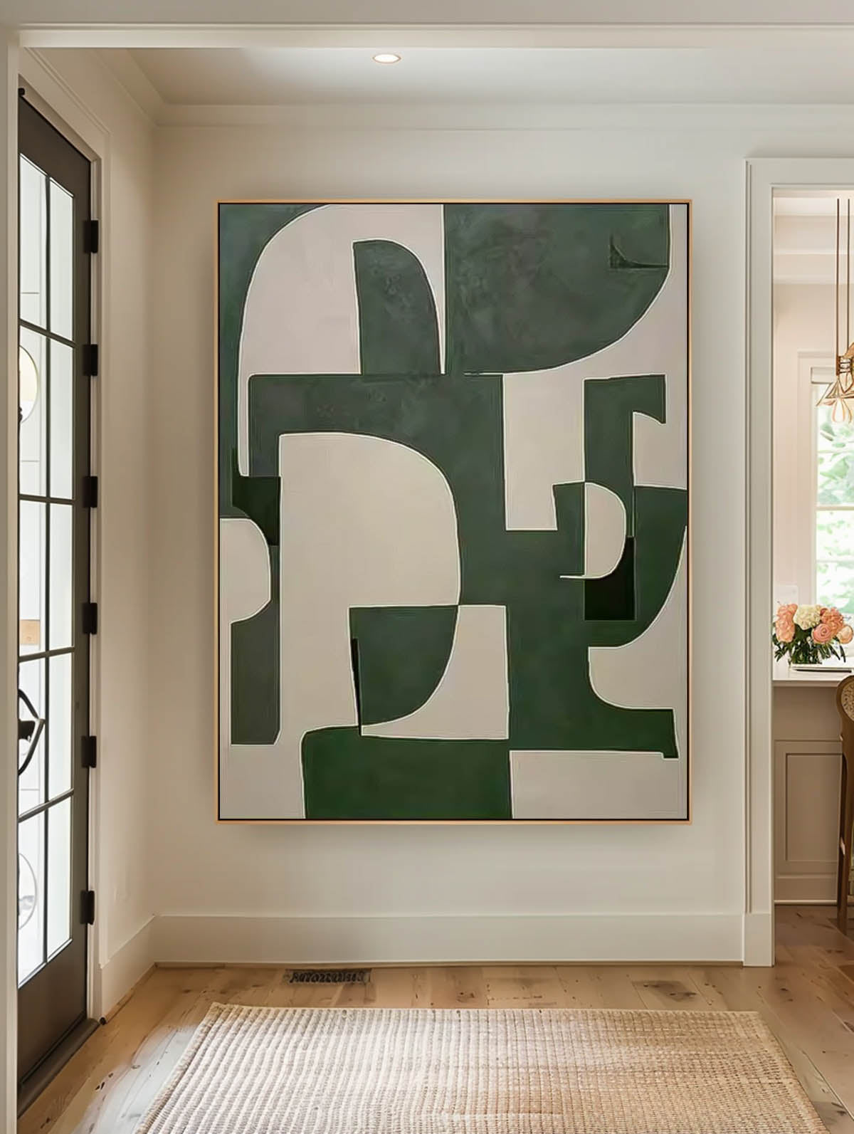 Abstract Green and White Minimalist Oil Painting for Modern Home Decor