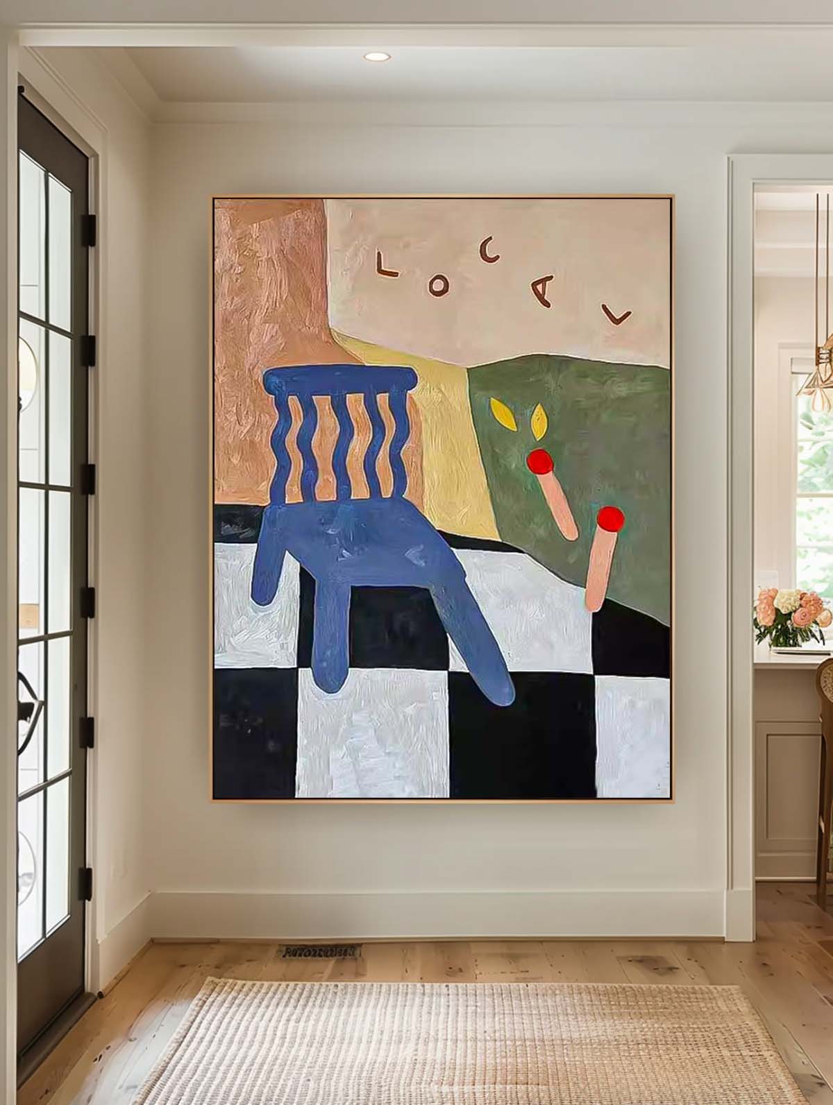 Colorful Abstract Oil Painting of a Chair with Geometric Elements for Modern Decor