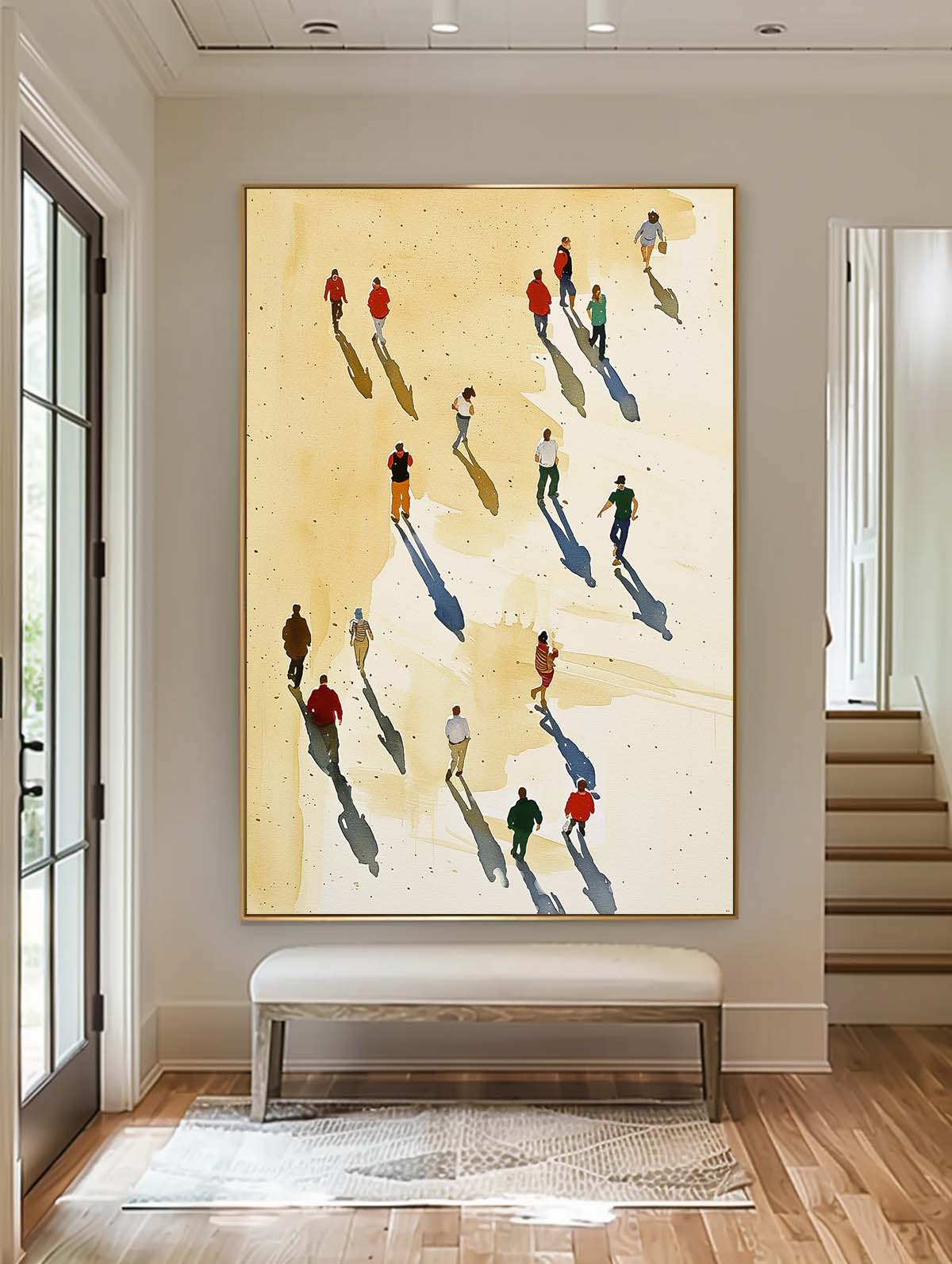 Vibrant Beach Scene Oil Painting with Shadows and People Walking by the Ocean