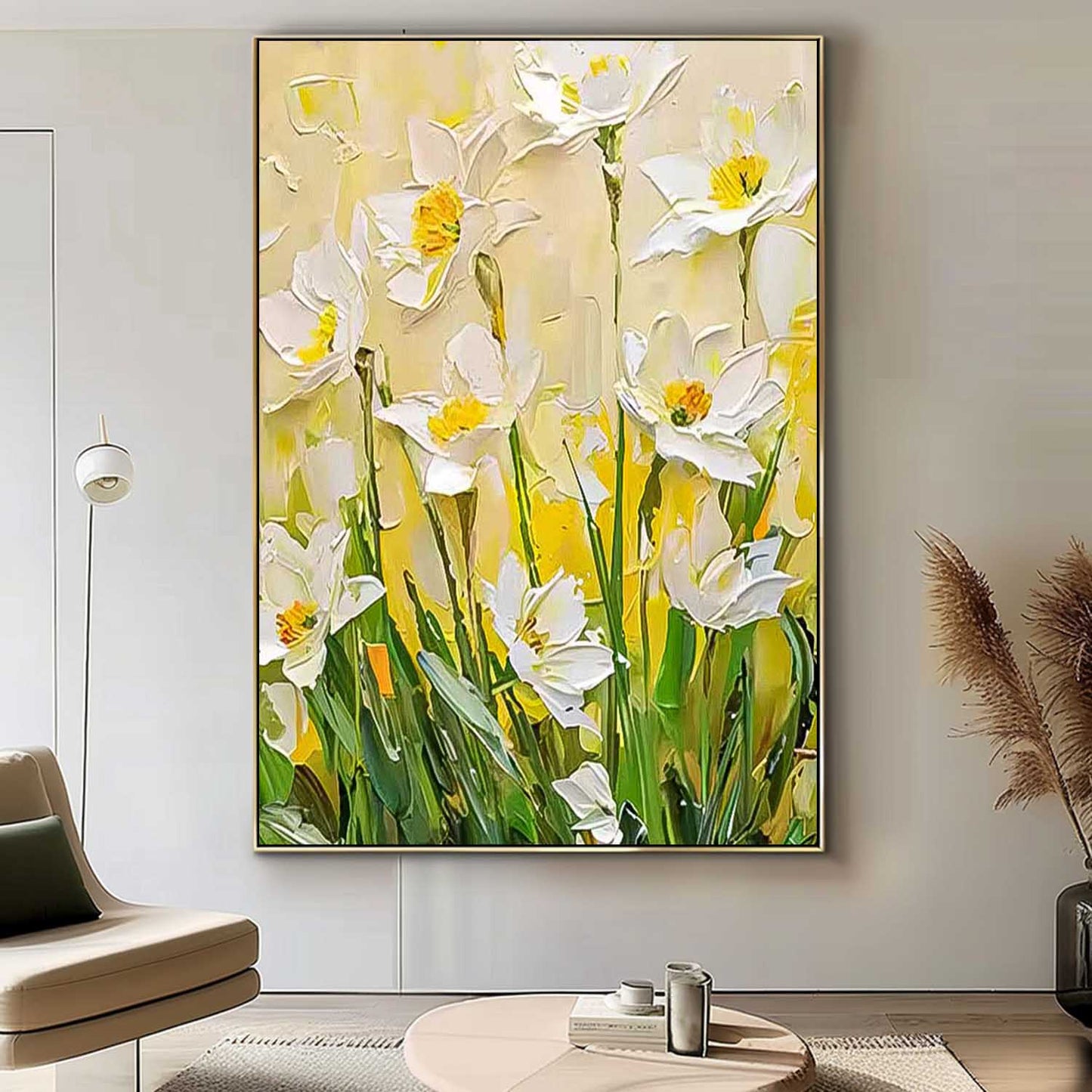 Bright White Floral Oil Painting for Home Decor and Art Collectors
