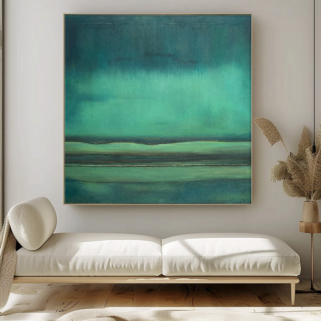 Serene Minimalist Oil Painting with Tranquil Green Tones for Modern Decor
