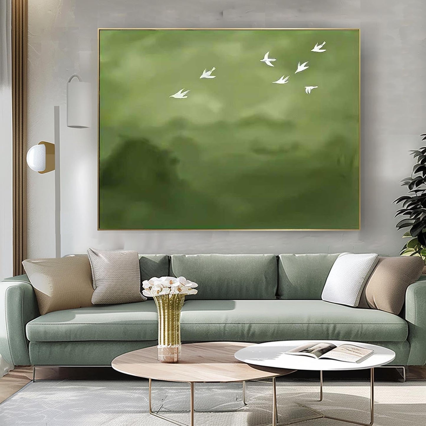 Serene Birds in Flight: Elegant Minimalist Oil Painting for Tranquil Home Decor