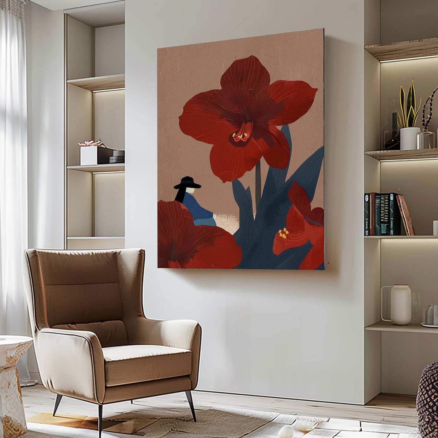 Elegant Red Flower Woman Oil Painting for Modern Home Decor