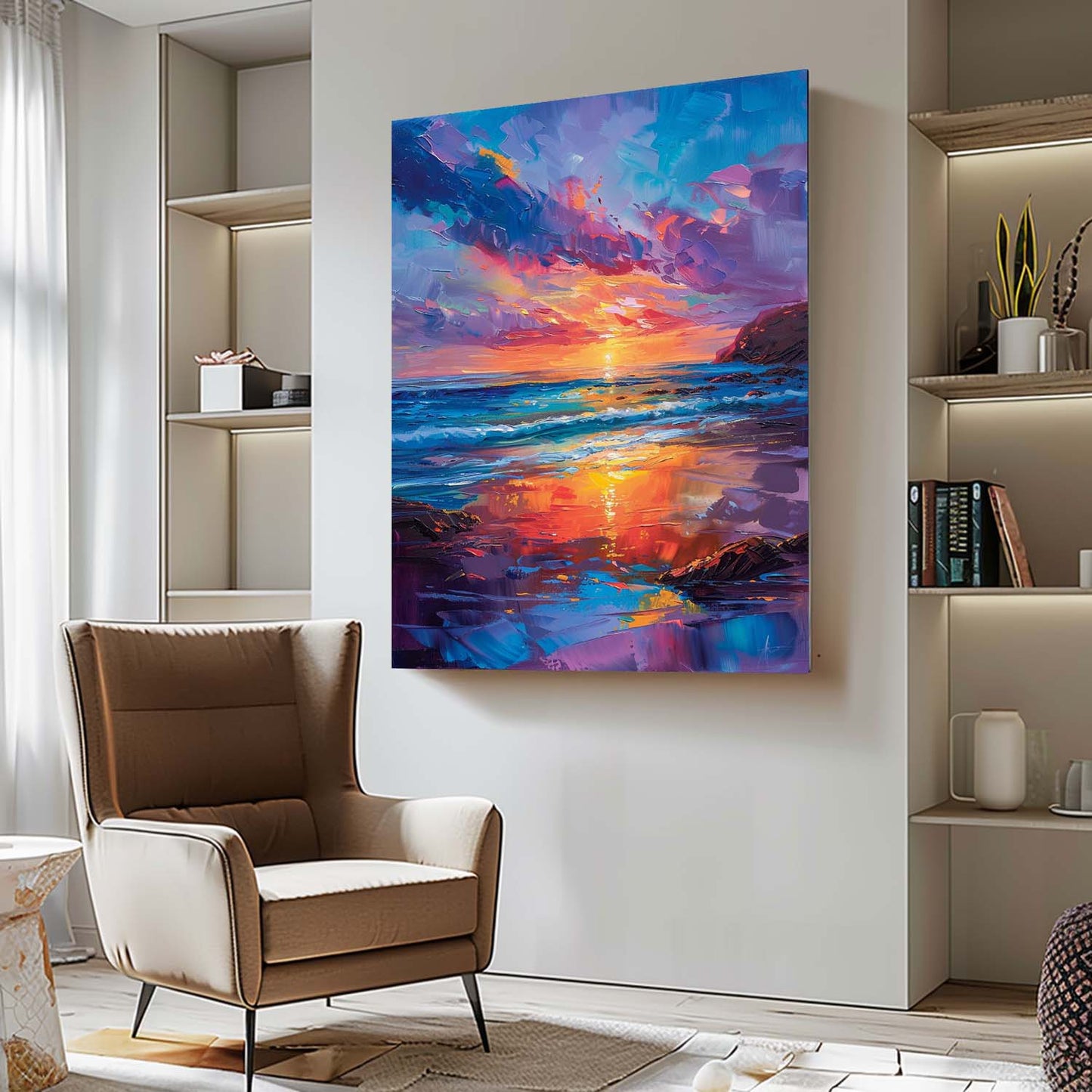 Vibrant Sunset Over Ocean Waves - Colorful Beach Oil Painting Wall Art