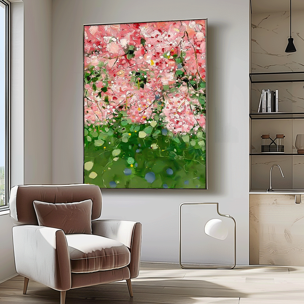Vibrant Pink Floral Oil Painting for Home Décor and Art Lovers