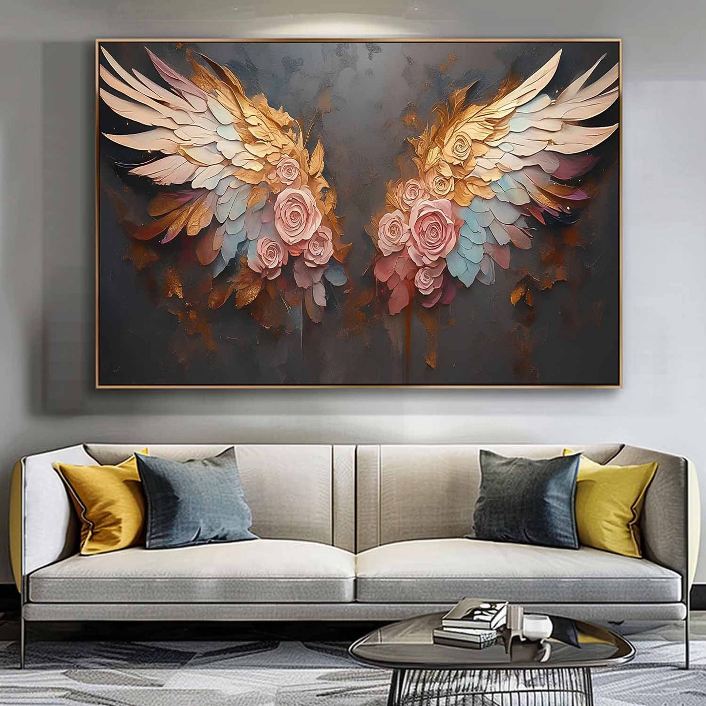 Elegant Floral Wings Oil Painting - Vibrant Pink Roses on Dark Canvas