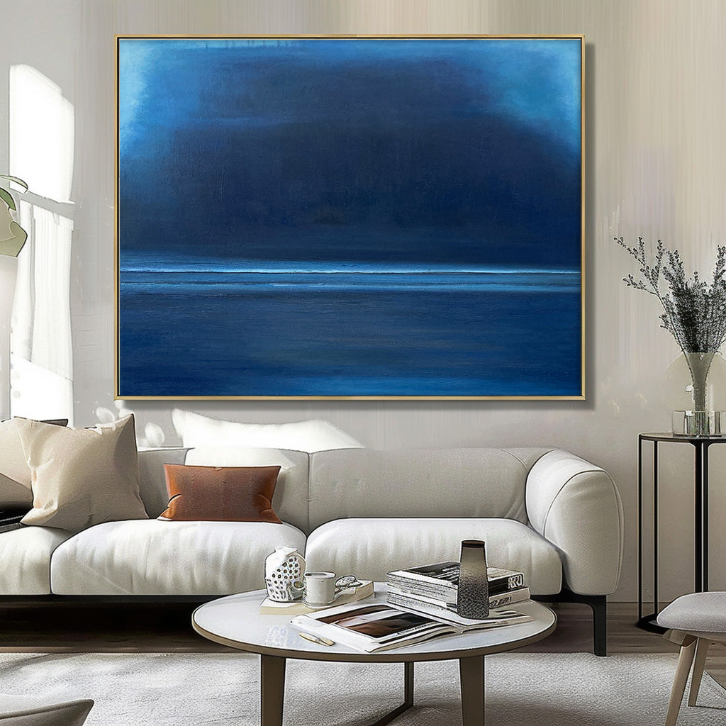Tranquil Blue Minimalist Oil Painting for Serene Home Decor