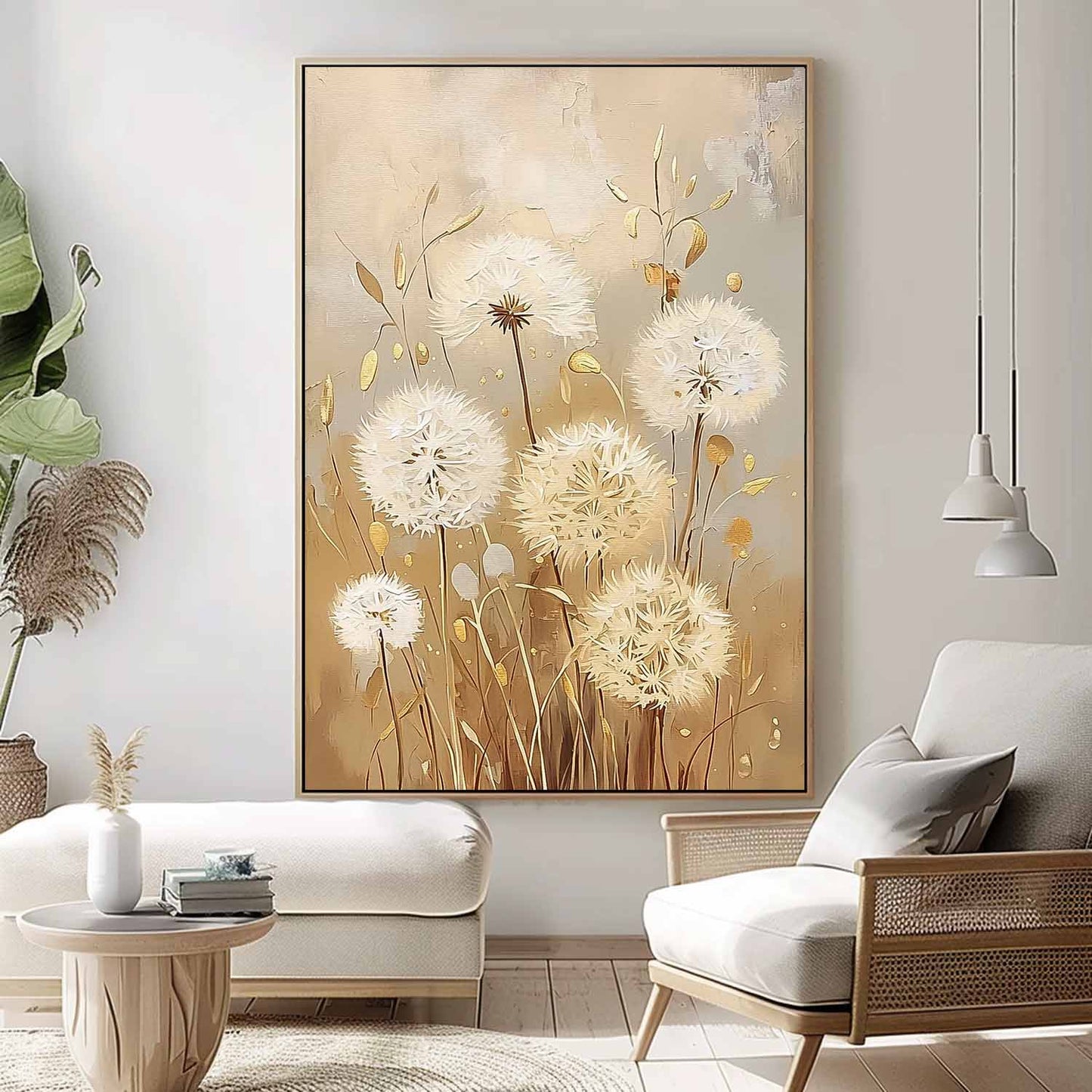Elegant White Dandelion Flowers Oil Painting for Chic Home Decor