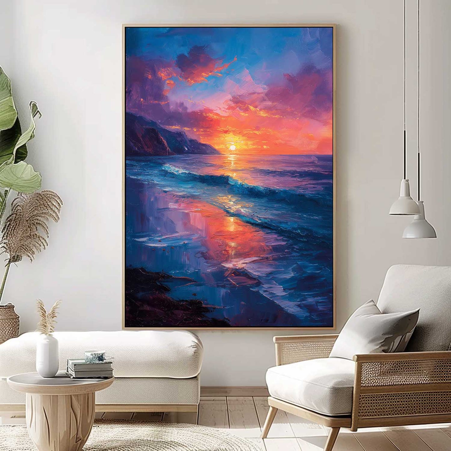 Vibrant Sunset Over Ocean Waves - Coastal Oil Painting for Beach Lovers
