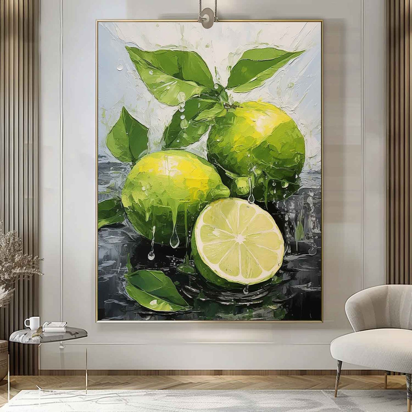 Vibrant Lemon Still Life Oil Painting with Fresh Leaves and Water Drops