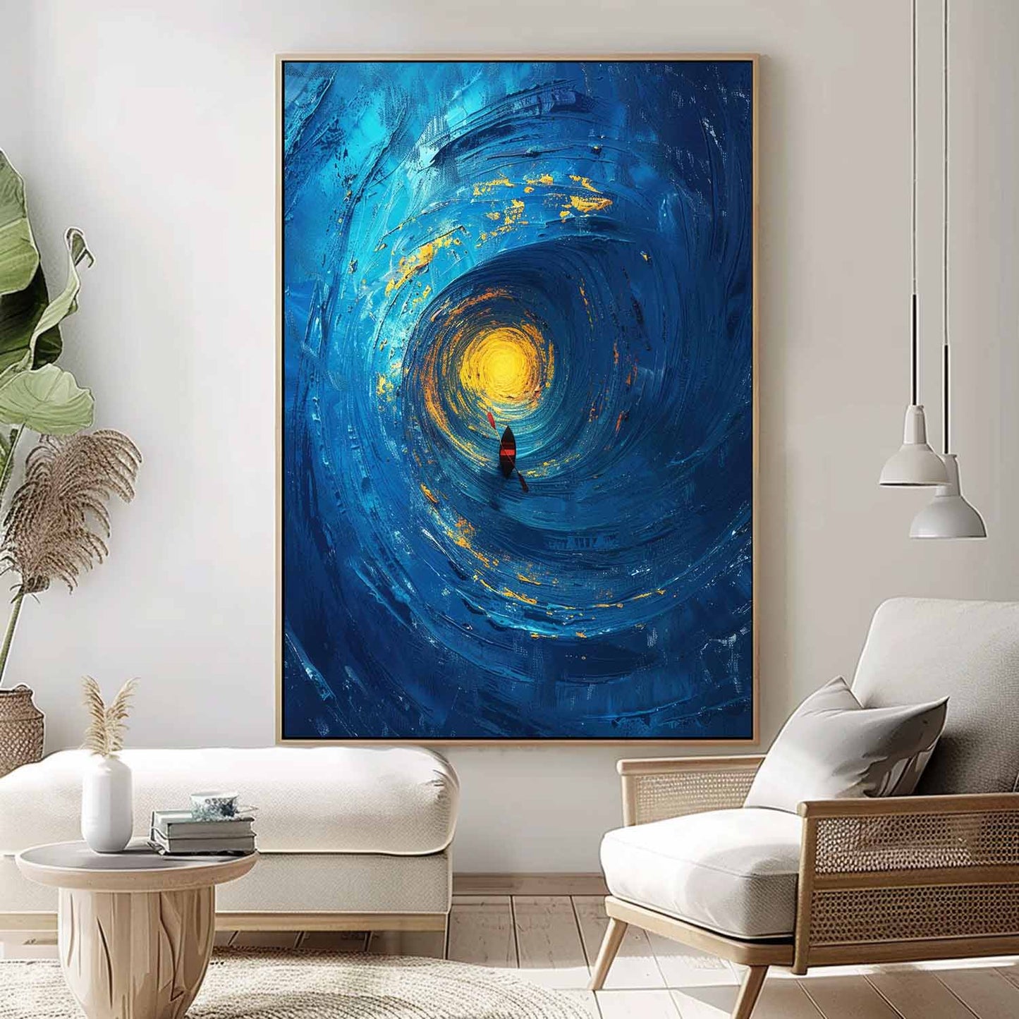 Serene Ocean Swirl with Vibrant Sunlight and Kayak Canvas Artwork