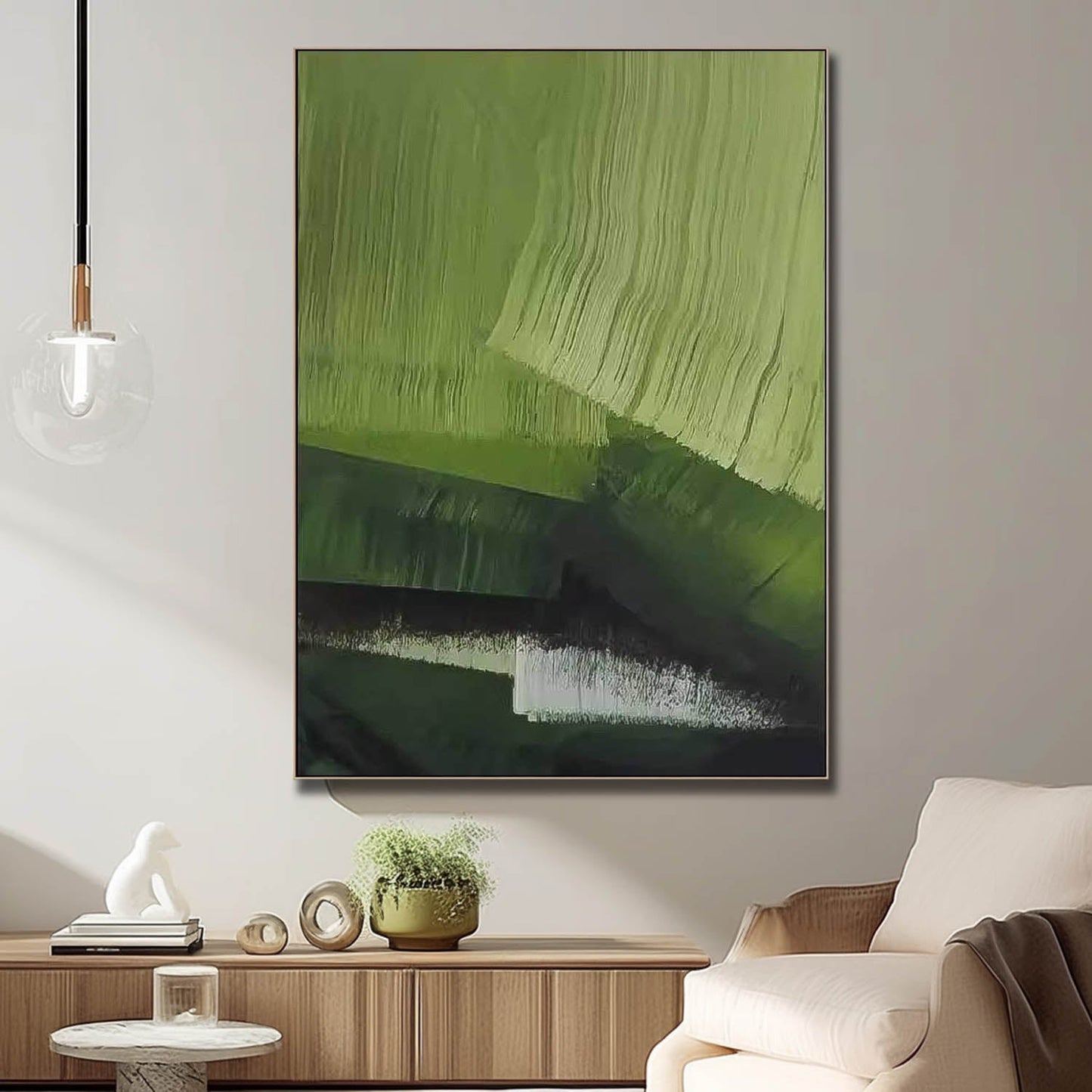 Modern Minimalist Green Abstract Oil Painting for Contemporary Home Decor