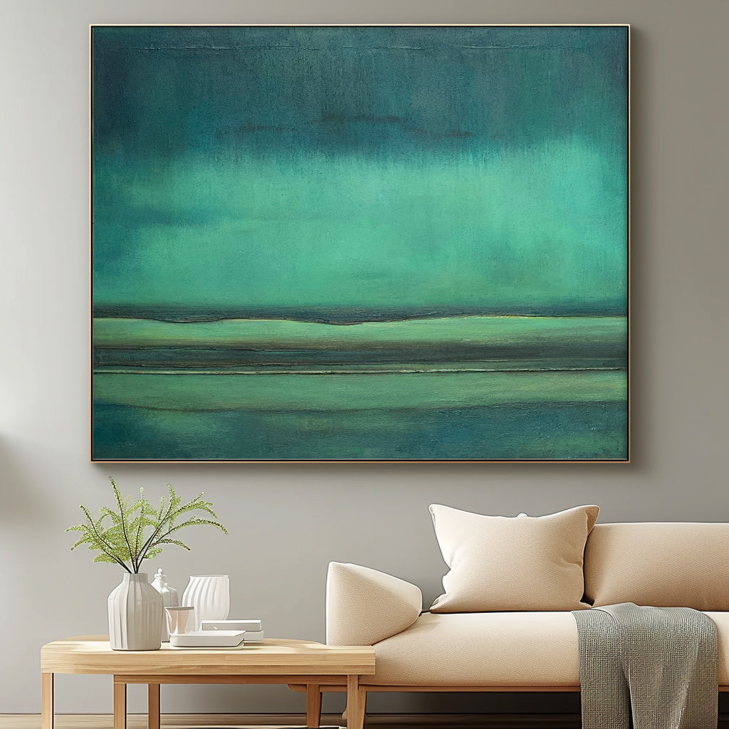 Serene Minimalist Oil Painting in Tranquil Green Hues for Modern Decor