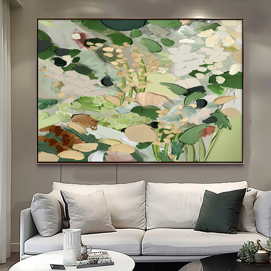 Botanical Elegance: Serene Green and White Floral Oil Painting for Home Decor