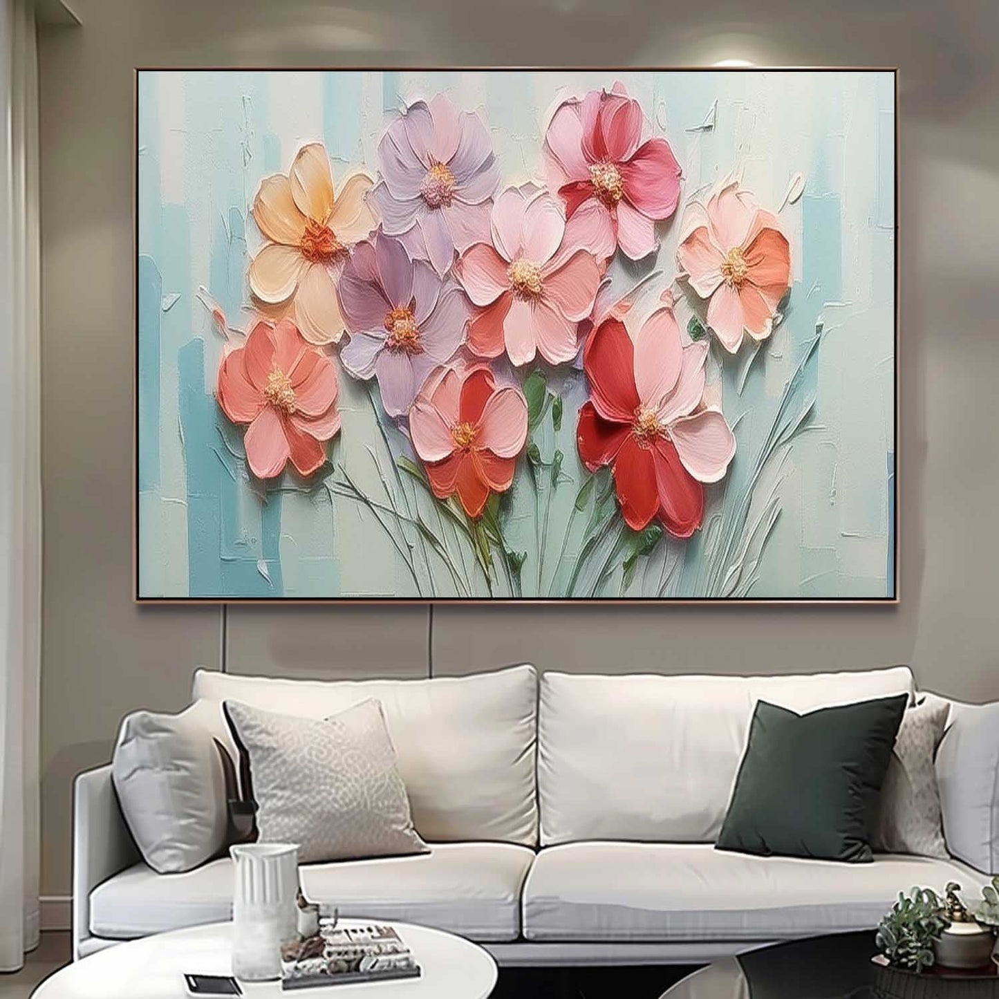 Vibrant Floral Oil Painting with Textured Petals and Soft Pastel Background