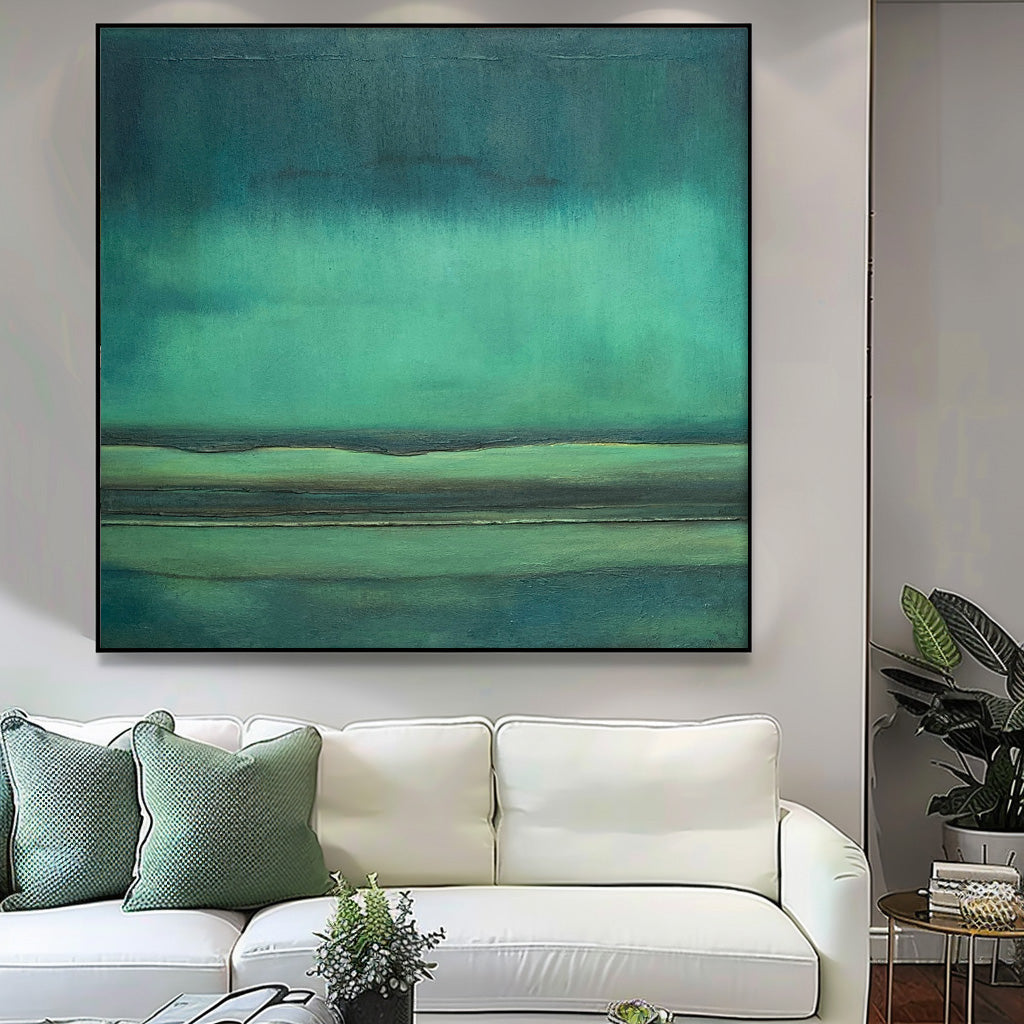 Serene Minimalist Oil Painting with Tranquil Green Tones for Modern Decor