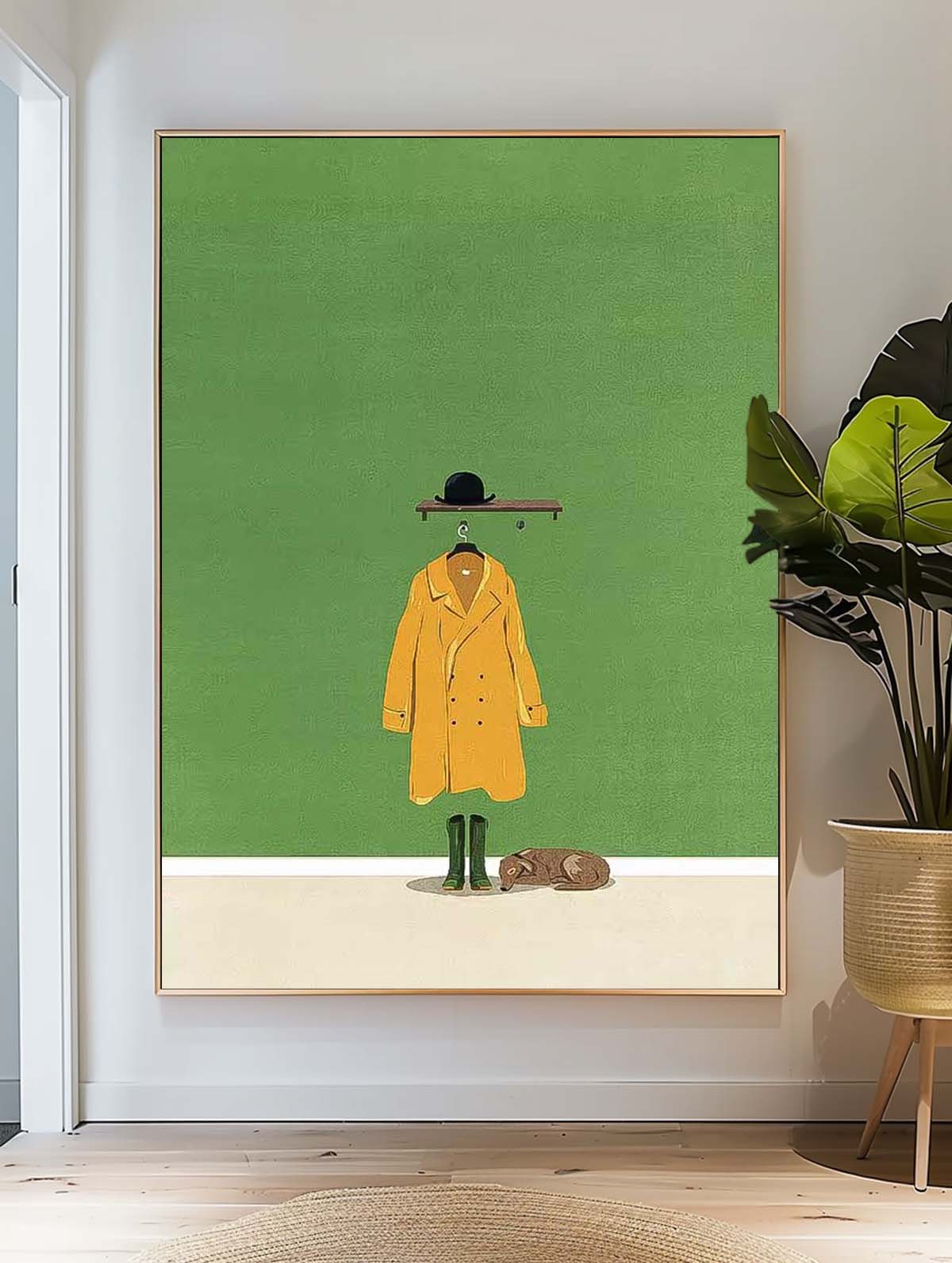 Charming Minimalist Oil Painting of Yellow Coat and Hat on Green Background