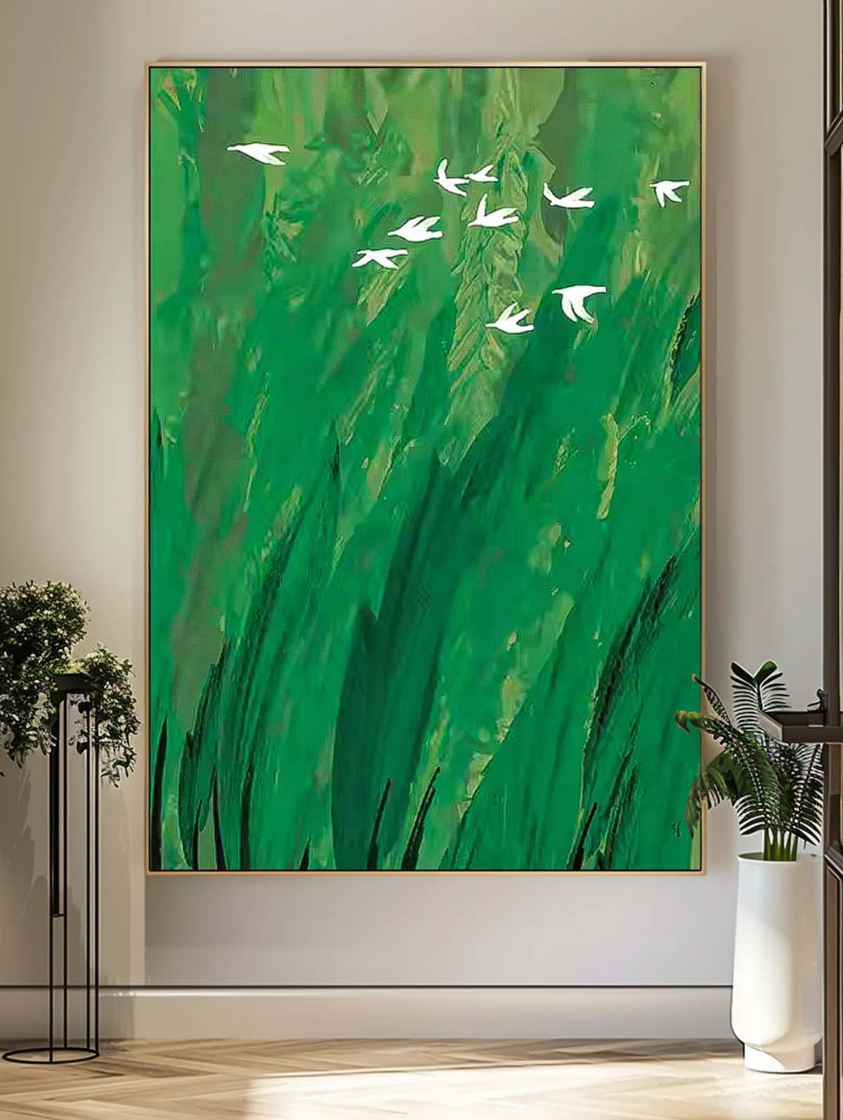 Serene Green Minimalist Oil Painting with White Birds in Flight